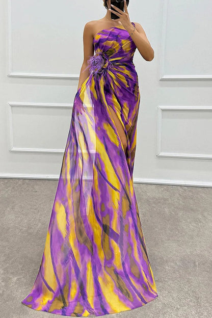 Illyra - Robe longue imprimée fendue à épaules dénudées