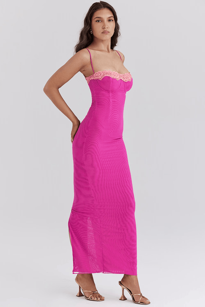 Faylinn - Robe longue fendue en dentelle contrastée