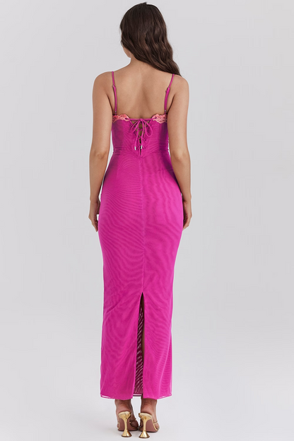 Faylinn - Robe longue fendue en dentelle contrastée